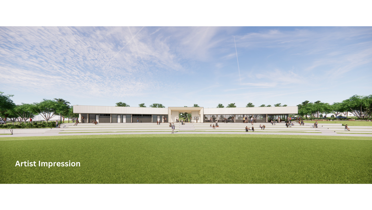 An artist impression of the Everleigh Sports Park Clubhouse, pictured from the AFL field.