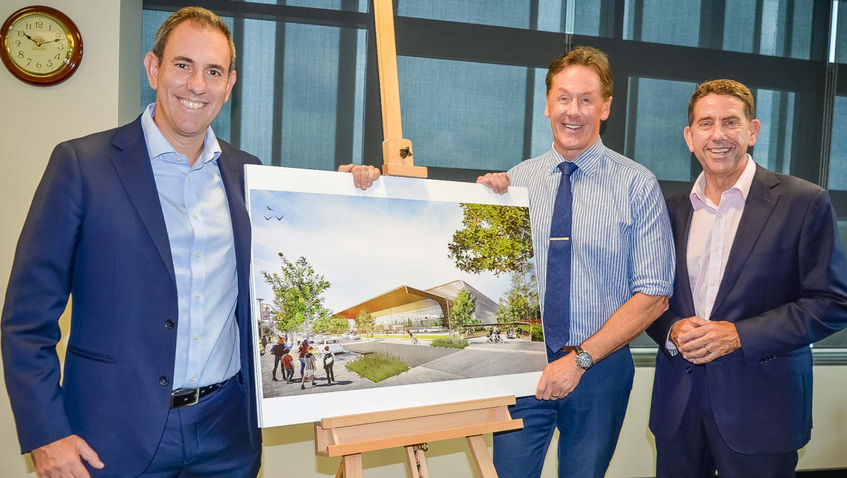 Australian Treasurer Jim Chalmers, Mayor Darren Power and Queensland Treasurer Cameron Dick look at plans for the major sports venue planned in the City of Logan as part of the 2032 Olympics and Paralympics.