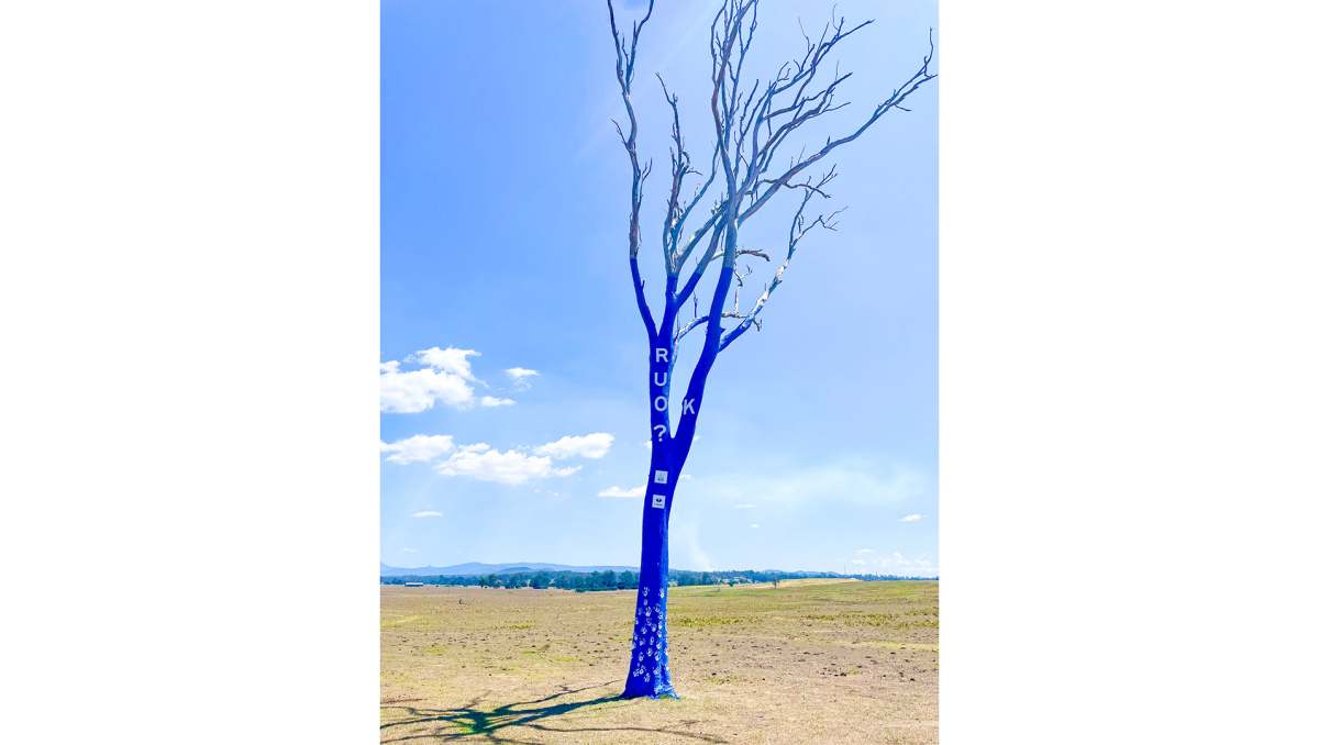 The new blue tree at the Cedar Grove Environmental Centre.