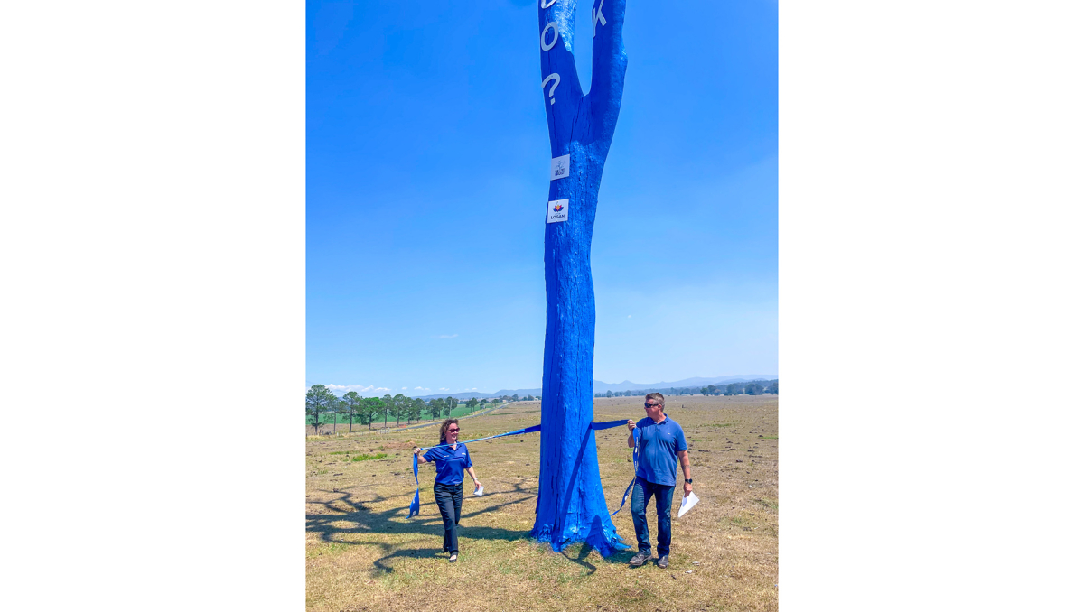 Division 9 Councillor Scott Bannan 'opens' the blue tree in Cedar Grove with blue paint supplier Julie-Ann Hall from Wattyl, Slacks Creek.
