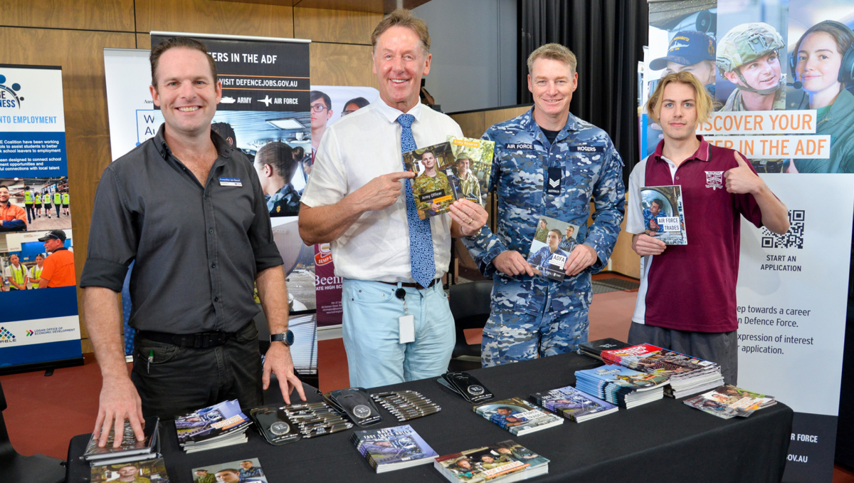 Mayor Darren Power (centre left) and Cr Jon Raven with Air Force Sergeant Benjamin Rogers and year 11 Beenleigh State High School student Deegan Byford at the Bridge to Business event.