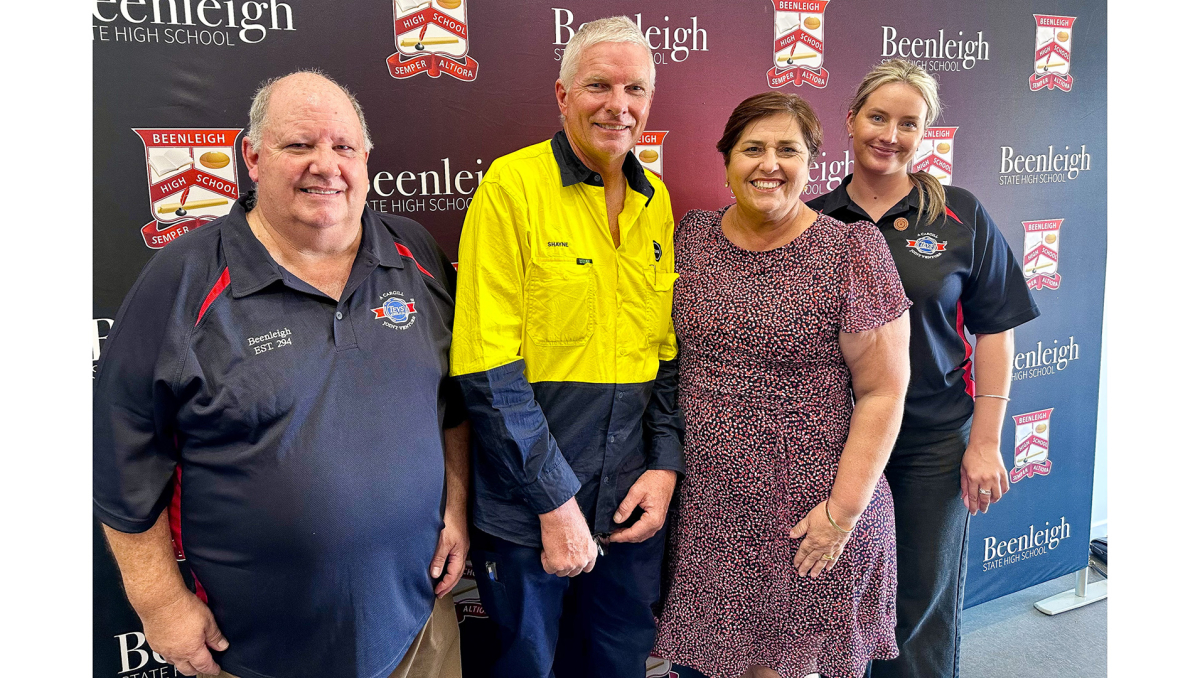 Division 12 Councillor Karen Murphy (centre right), with Teys Australia Beenleigh staff Rick Gerrand, Shayne Nagorcka and April Hicks, who attended today's Bridge to Business event at Beenleigh State High School.