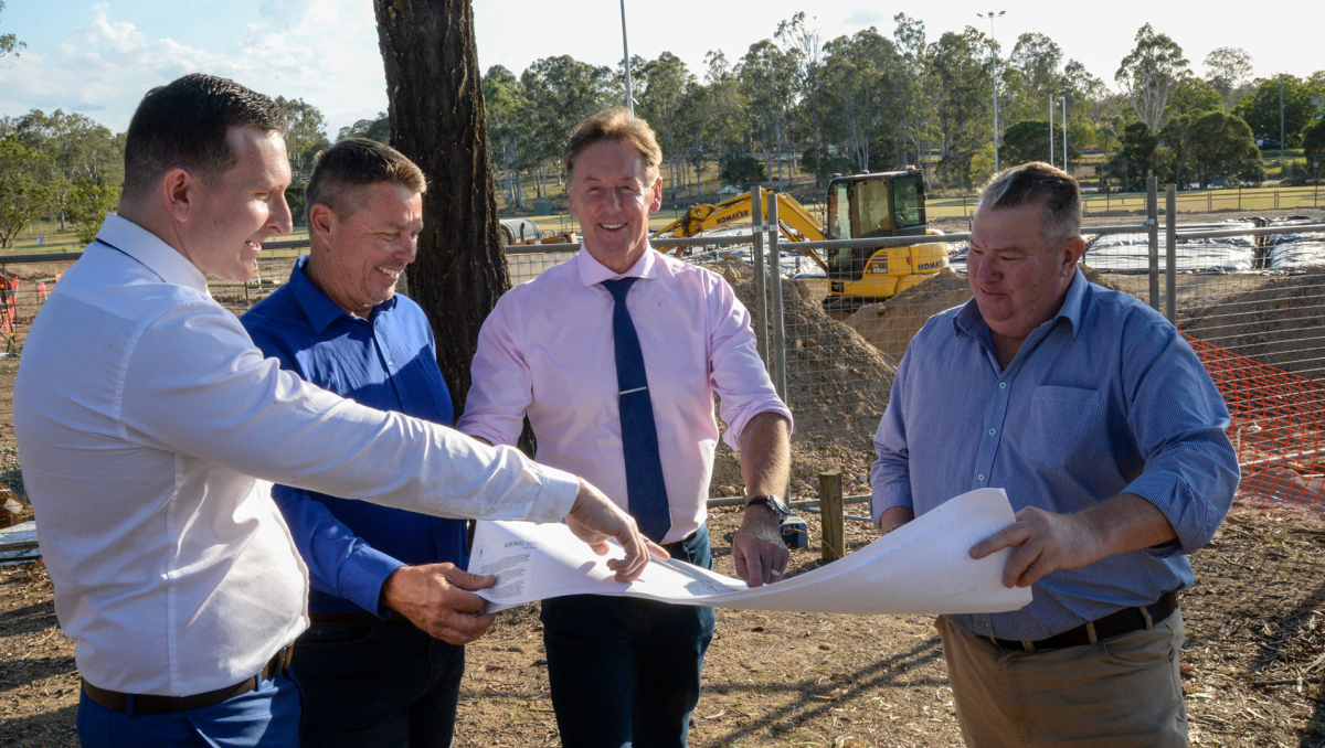 Mayor Darren Power and (from left) Cr Tony Hall, Cr Scott Bannan and Member for Wright Scott Buchholz celebrate the start of construction at Jimboomba Park, home to the Jimboomba Thunder Rugby League Club.