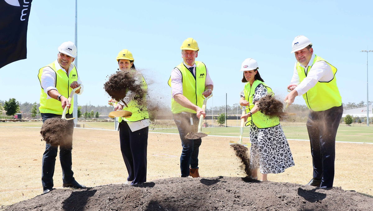 Mayor Darren Power with (from left) Mirvac General Manager Residential Queensland Warwick Bible, Division 11 Councillor Natalie Willcocks, Head of AFL Queensland Trisha Squires and Mirvac Residential Queensland Project Director Mark Clancy at the official sod turning of the Everleigh Sports Park Clubhouse.