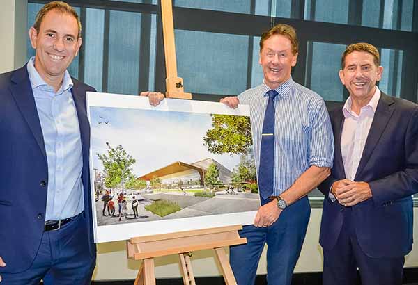 Australian Treasurer Jim Chalmers, Mayor Darren Power and Queensland Treasurer Cameron Dick look at plans for the major sports venue planned in the City of Logan as part of the 2032 Olympics and Paralympics.