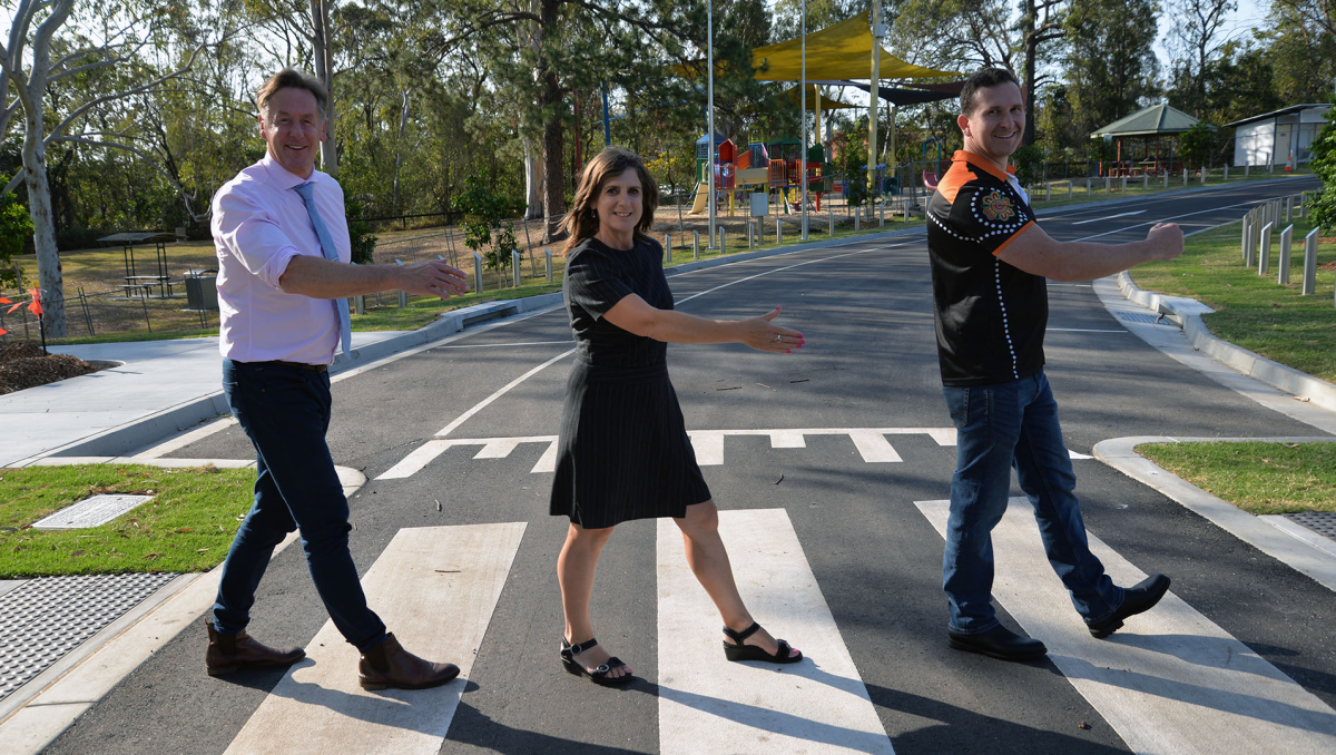 (From left) Mayor Darren Power, Division 1 Councillor Lisa Bradley and Lifestyle Chair Councillor Tony Hall check out the new ring road in Springwood Park which has been given a $2.8 million upgrade.