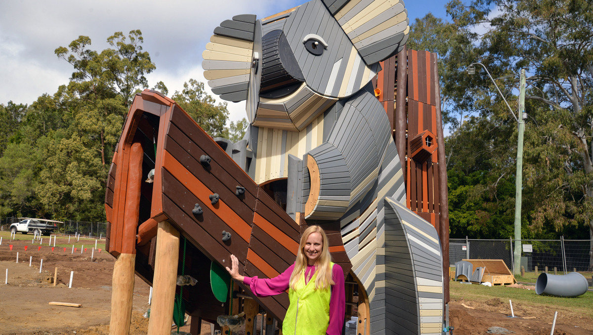 Division 10 Councillor Miriam Stemp with Alexander Clark Park's new, giant koala play structure.