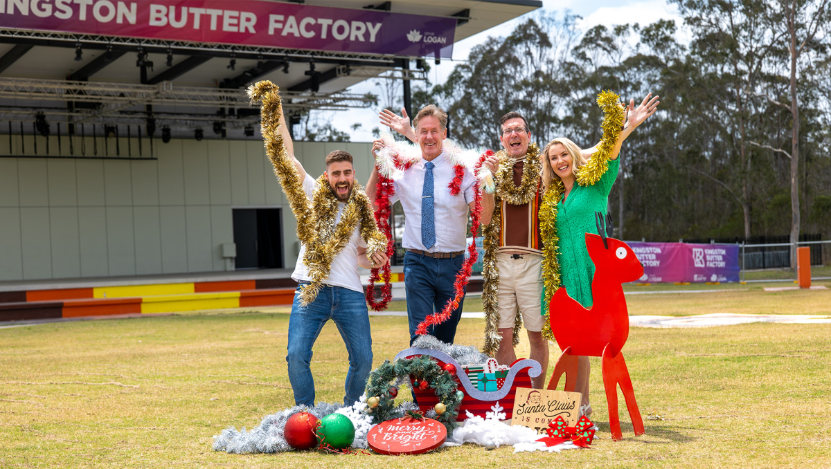 City of Logan Mayor Darren Power and (from left) B105 Breakfast hosts Matt, Stav and Abby at the Kingston Butter Factory Cultural Precinct which will host Guy Sebastian and Santa in the suburbs on Friday, December 1.