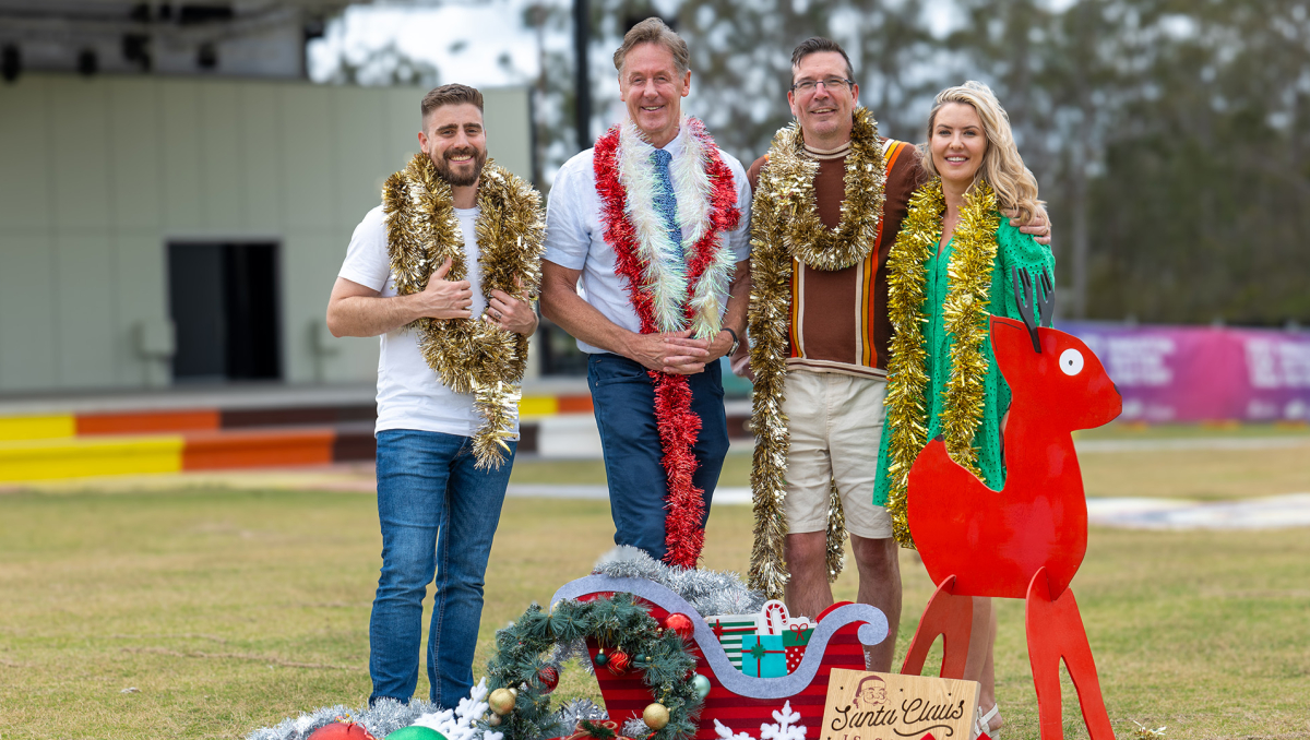 City of Logan Mayor Darren Power and (from left) B105 Breakfast hosts Matt, Stav and Abby at the Kingston Butter Factory Cultural Precinct which will host Guy Sebastian and Santa in the suburbs on Friday, December 1.