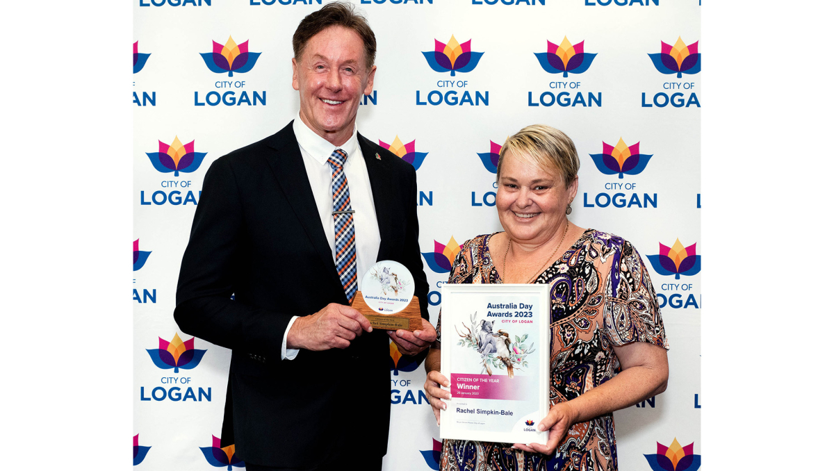 Rachel Simpkin-Bale, pictured with Mayor Darren Power, was recognised as the 2023 City of Logan Citizen of the Year.