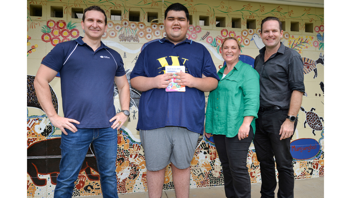 Demonstrating valuable community connections are Lifestyle Chair Councillor Tony Hall (left), graduating Logan City Special School student William Tagaloa, Jigsaw Australia Community Engagement Lead Annabel Lyons and Economic Development Chair Councillor Jon Raven.