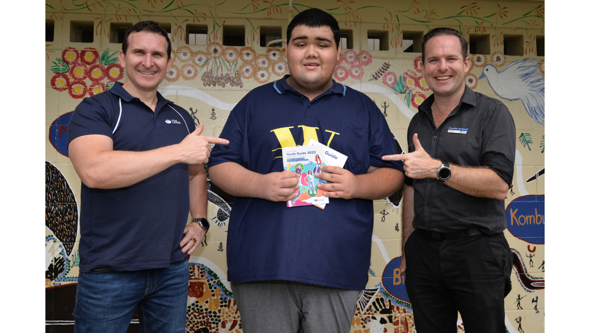 Lifestyle Chair Councillor Tony Hall (left) and Economic Development Chair Councillor Jon Raven and graduating Logan City Special School student William Tagaloa send a message that employment is for everyone.