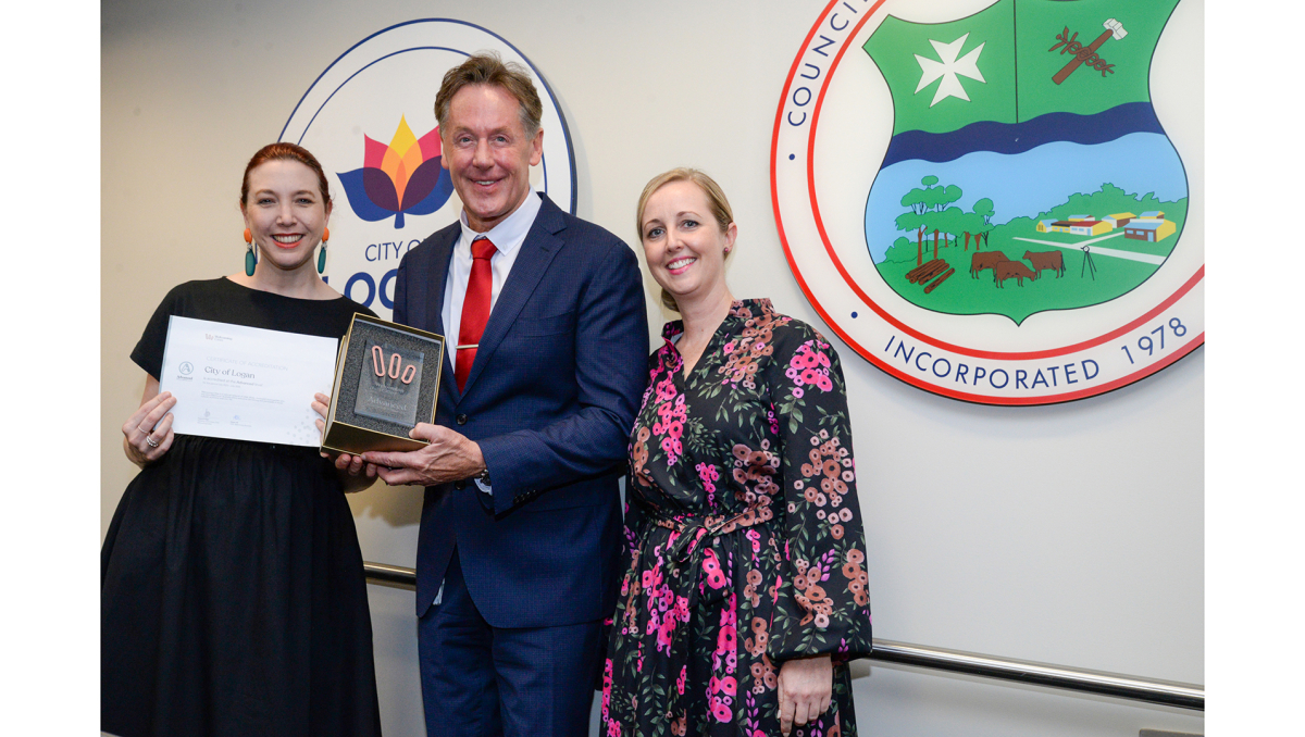 Welcoming Cities Queensland Co-ordinator Cate Gilpin (left) congratulates City of Logan Mayor Darren Power and Community Development Program Leader Michelle Griffin on achieving the advanced accreditation level with Welcoming Cities.