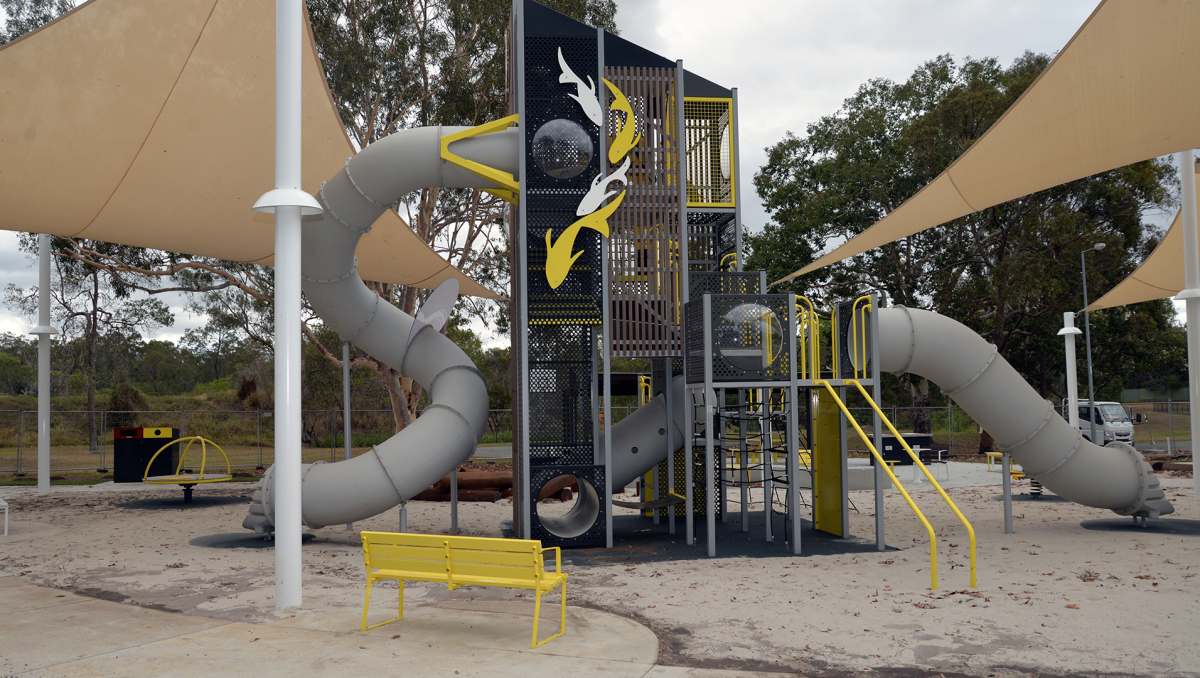 An image of the new play tower in Mabel Park, which was inspired by the fish in nearby Slacks Creek.