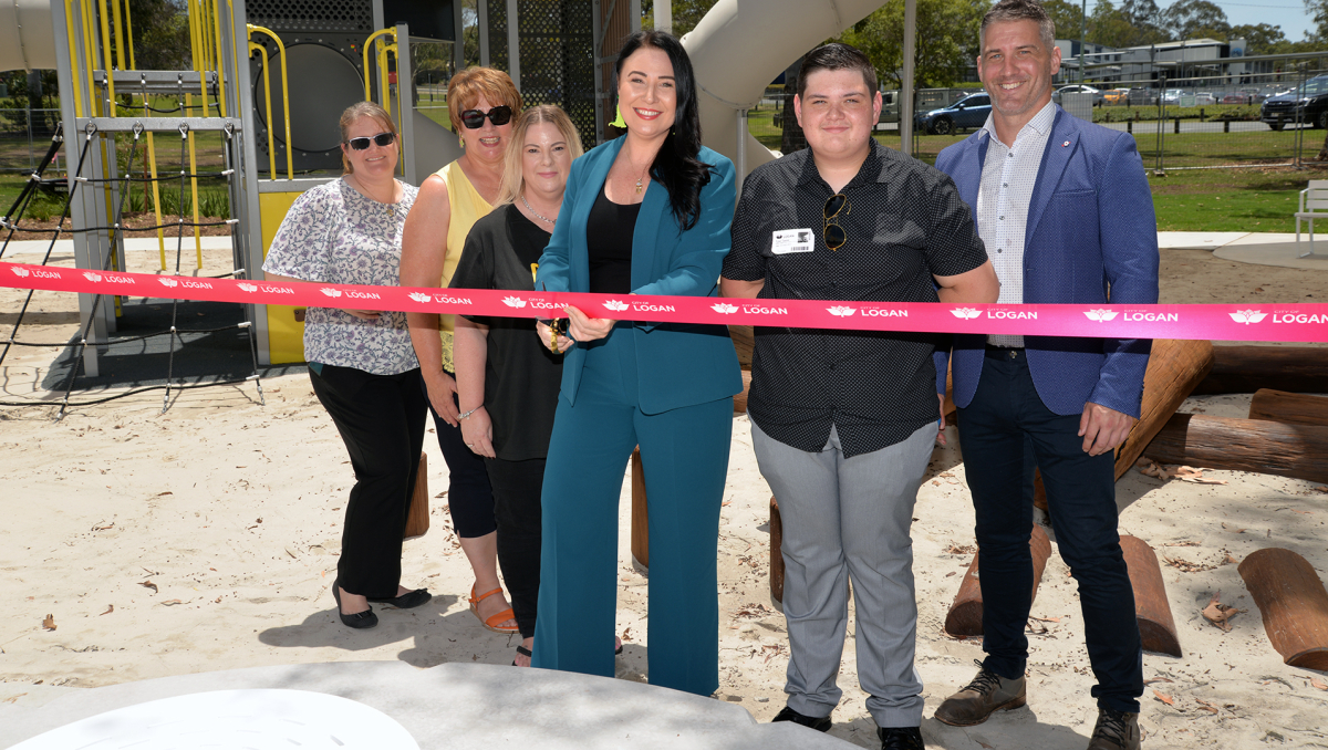 An image of Cr Mindy Russell joined at the opening of the Mabel Park upgrade by Fiona Roebig, Penny Goodall, Nat Millar, Tyler Tawse and Mabel Park State High's Luke Eisenhuth.