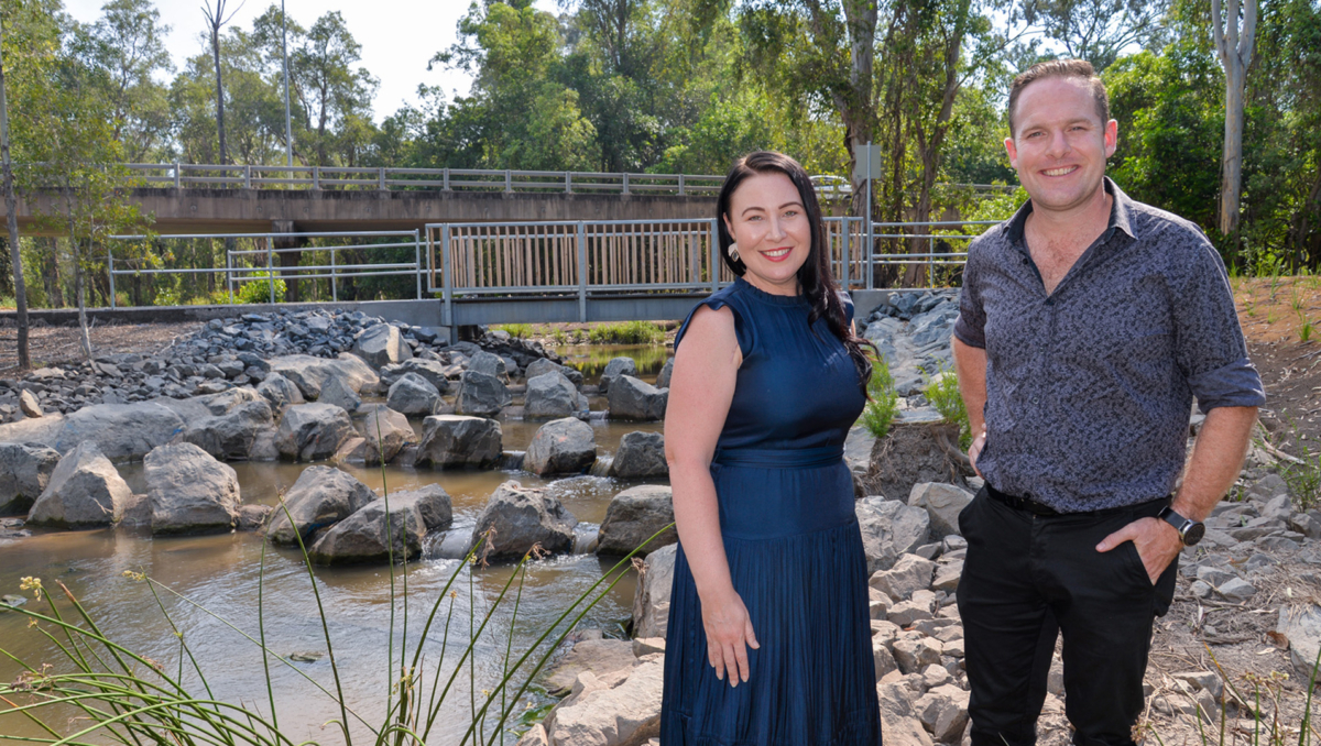City of Logan Mayor Jon Raven and Division 3 Cr Mindy Russell at the rock ramp fishway in Scrubby Creek.