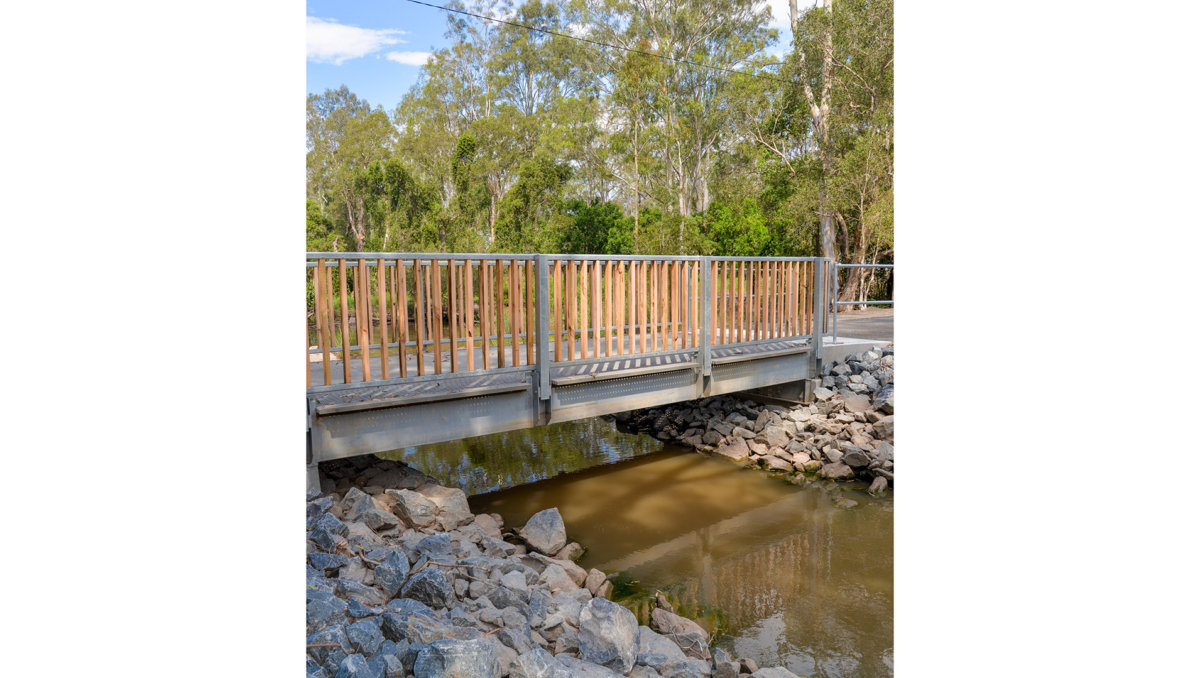 A new pedestrian footbridge has been installed above the rock ramp fishway in Scrubby Creek.