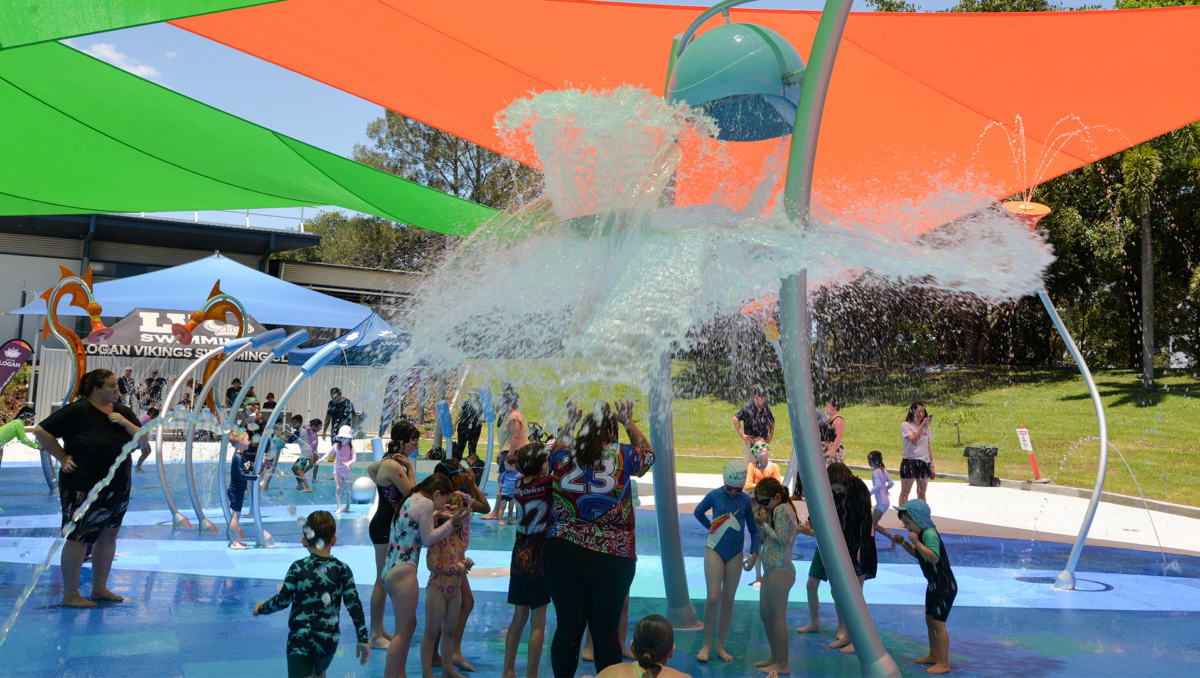 The splashpad features a number of aquatic elements, including a giant dipper