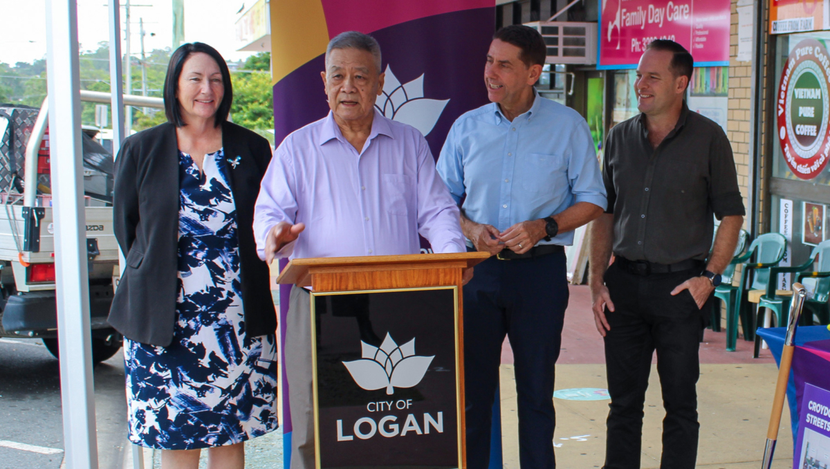 Global Food Markets founder Paul Khieu (centre), with Division 2 Cr Teresa Lane, Woodridge MP Cameron Dick and Economic Development Chair Cr Jon Raven, welcomes the start of upgrade works on Croydon Road.