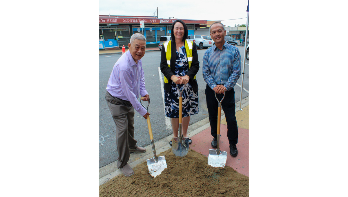 Division 2 Cr Teresa Lane (centre), Global Food Markets founder Paul Khieu and local business owner Victor Lee celebrate the start of works on Logan City Council's Croydon Road Streetscape Upgrade.