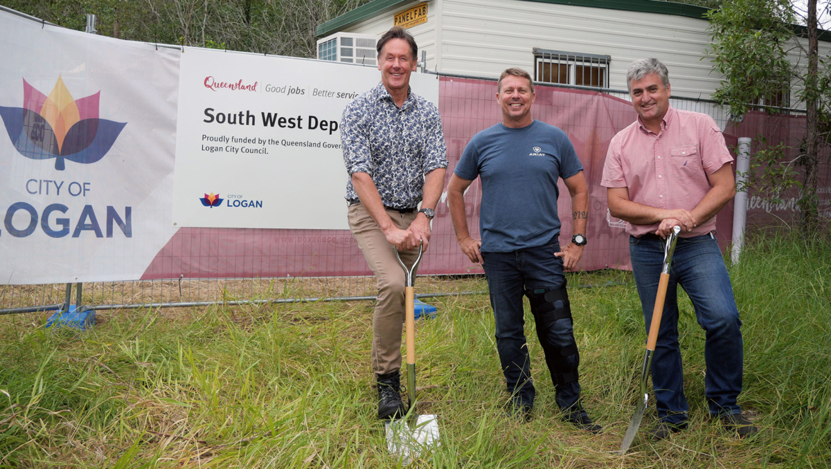 Mayor Darren Power, Division 9 Councillor Scott Bannan and State Member for Logan Linus Power at the site of Logan City Council’s South West Depot, which is under construction at Jimboomba.