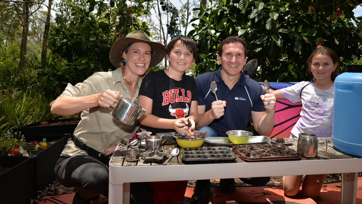 Cr Tony Hall (second from right) and Areta Farrance from Bush Kindy Teaching (far left) enjoy time outdoors with participants Josip Papik, 10 and Eva Papik, 9 from Bahrs Scrub.