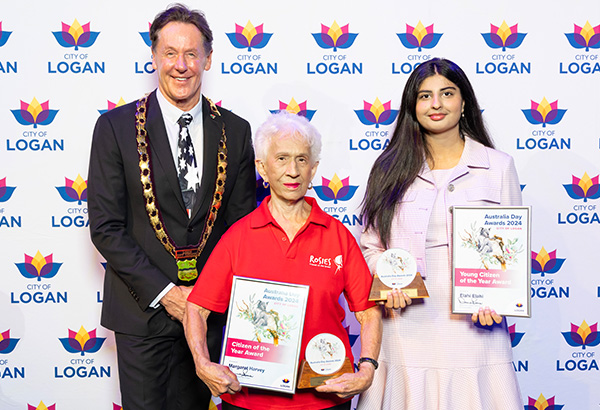 Mayor Darren Power with Margaret Harvey and Elahi Elahi at the City of Logan Australia Day Awards