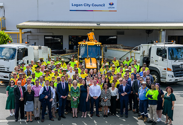Her Excellency, the Honourable Doctor Jeannette Young AC PSM, Governor of Queensland, with Mayor Darren Power and the people who stood behind the City of Logan in tough times after the Christmas Day storm.