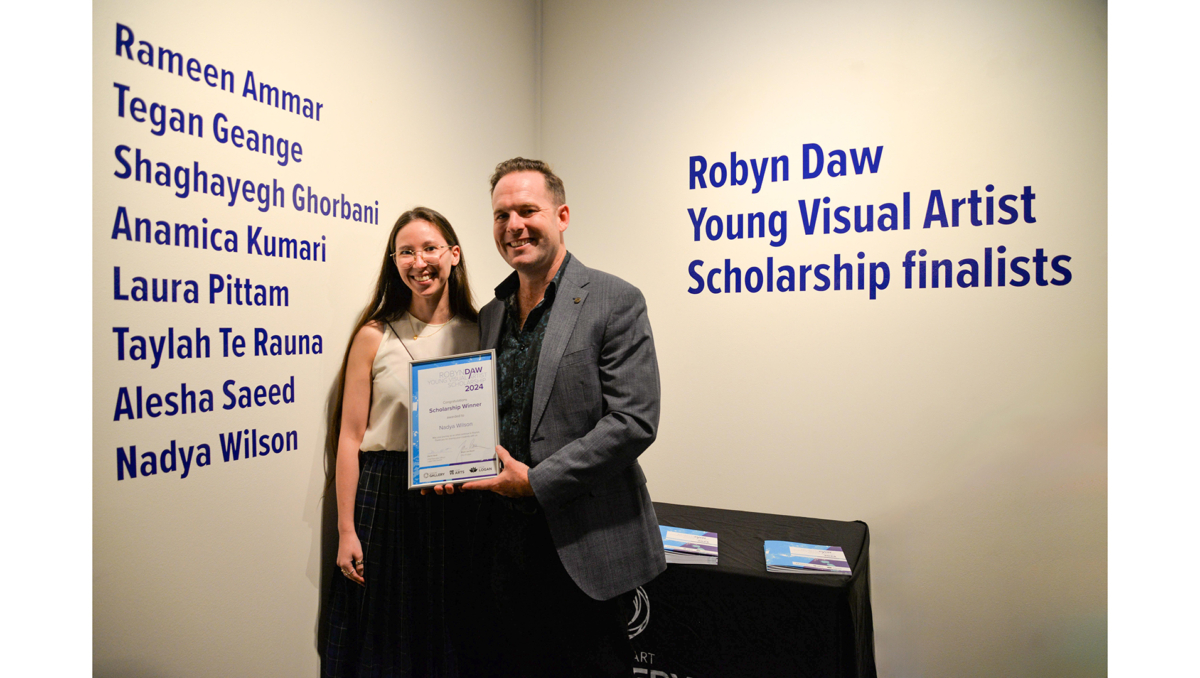 City of Logan Mayor Jon Raven (right) with the Robyn Daw Young Visual Artist Scholarship recipient for 2024 Nadya Wilson.