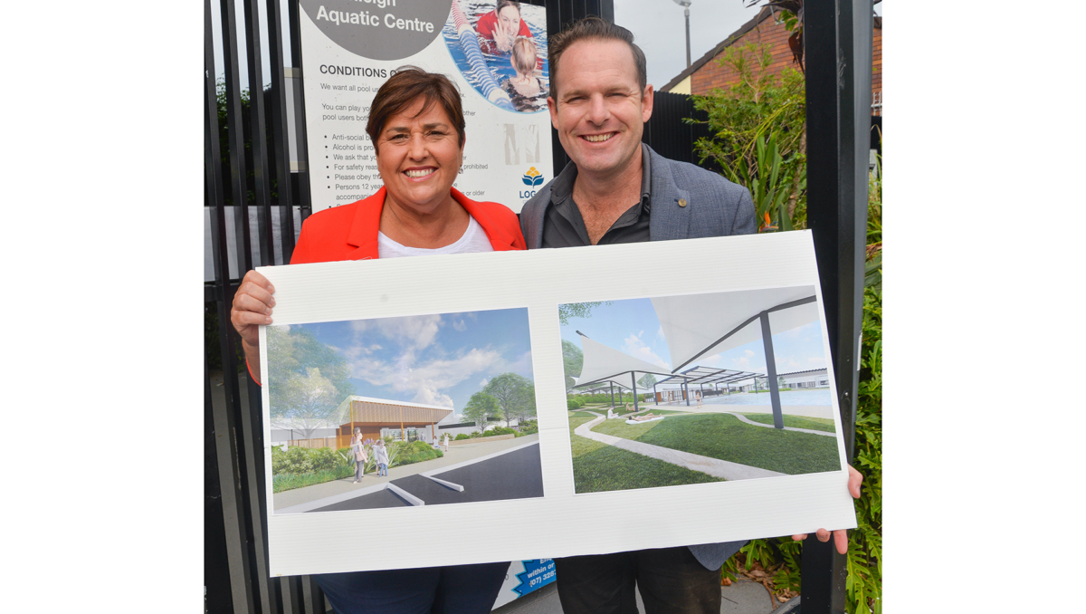Mayor Jon Raven and Division 12 Councillor Karen Murphy with renders of the new Beenleigh Aquatic Centre, which will be constructed over the next year.