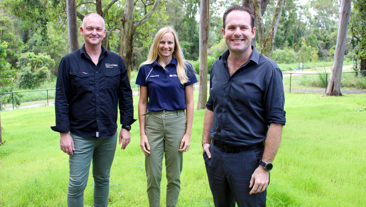 City of Logan Mayor Jon Raven (right) and BlockTexx co-founder Graham Ross (left) with Economic Development Chair Councillor Miriam Stemp at the trial site in Underwood Park.