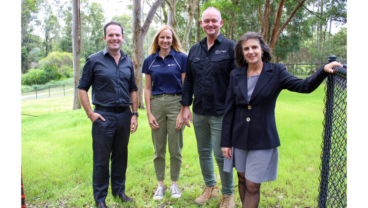 City of Logan Mayor Jon Raven (left) and BlockTexx co-founder Graham Ross (centre) with Economic Development Chair Councillor Miriam Stemp and Division 1 Councillor Lisa Bradley at the trial site in Underwood Park.