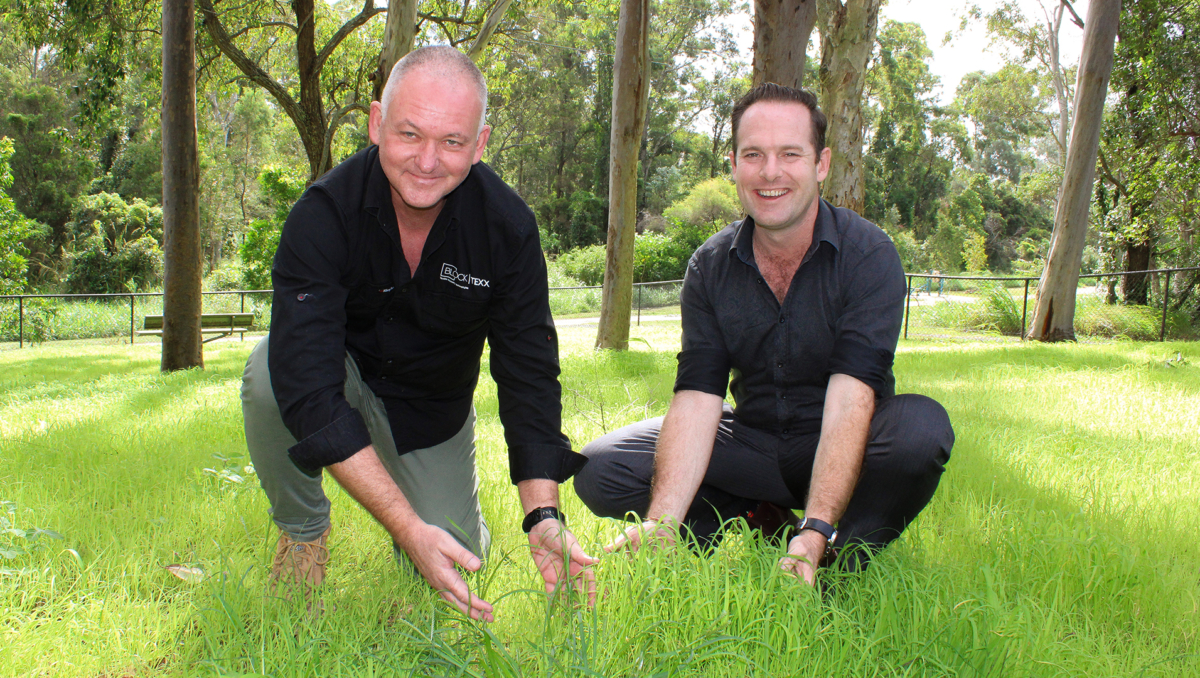 City of Logan Mayor Jon Raven (right) and BlockTexx co-founder Graham Ross at the trial site in Underwood Park.