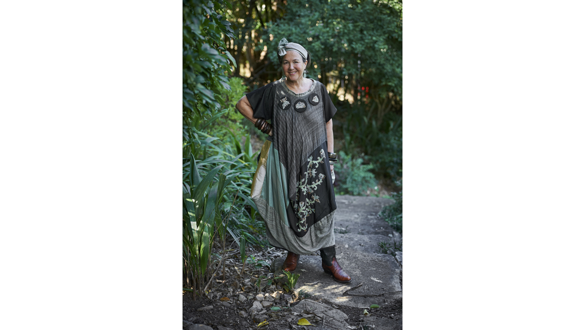 Author Jane Milburn in a upcycled outfit.