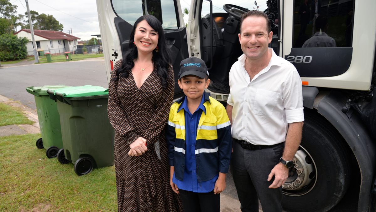 An image of City of Logan Mayor Jon Raven and Division 3 Councillor Mindy Russell with Ethan Nilsen, 11, of Daisy Hill.