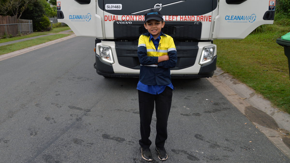 An image of Garbage truck fanatic Ethan Nilsen, 11, of Daisy Hill getting ready for his surprise ride to school.