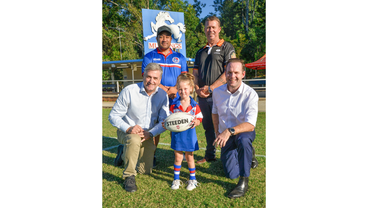 City of Logan Mayor Jon Raven (bottom right) with Deputy Mayor and Division 9 Councillor Scott Bannan (top right), Logan MP Linus Power (bottom left), Mustangs president Johnny Peseta and future Mustang Patience Roil, 5, of Logan Reserve.