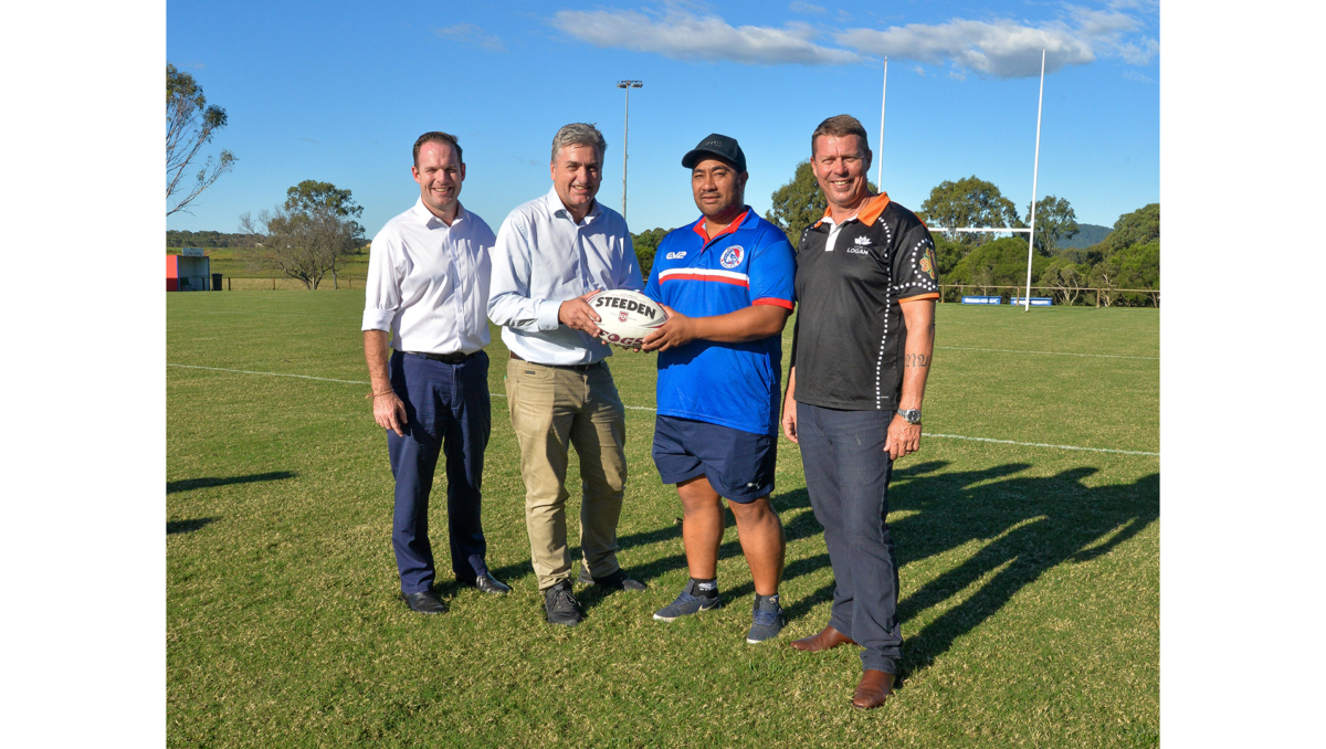 City of Logan Mayor Jon Raven (left) and Deputy Mayor and Division 9 Councillor Scott Bannan (right) with Logan MP Linus Power and Mustangs president Johnny Peseta.