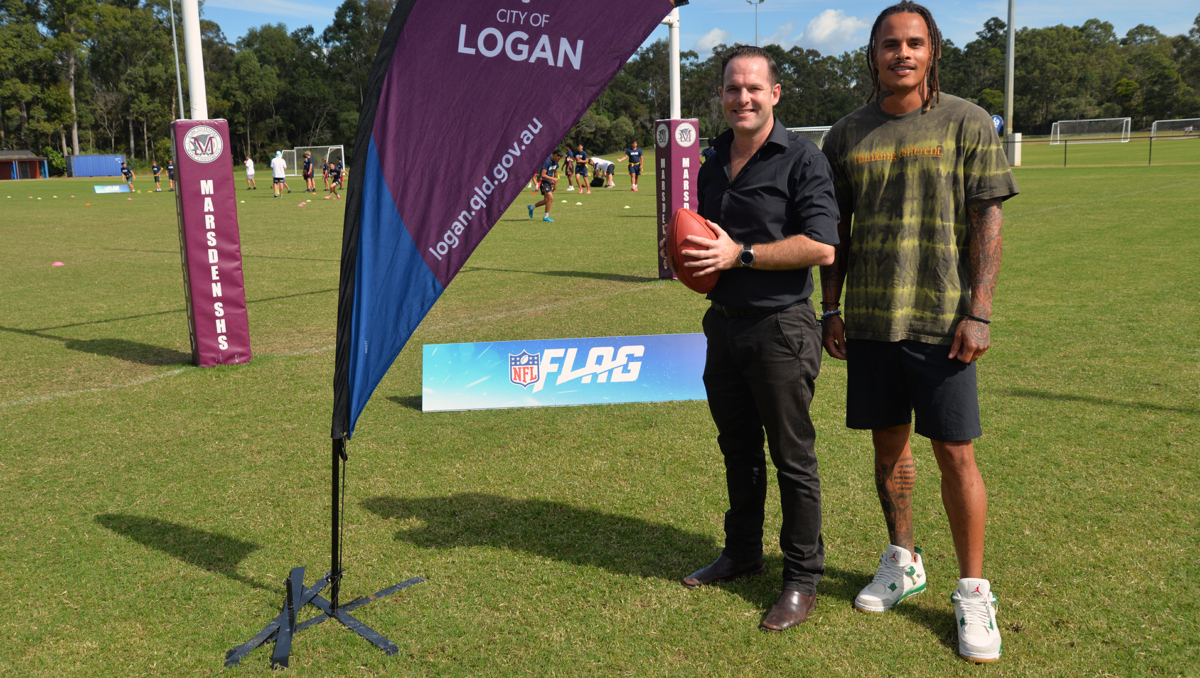 An image of City of Logan Mayor Jon Raven (left) with retired NFL player Kenny Stills at the NFL Flag trial days at Marsden SHS today.