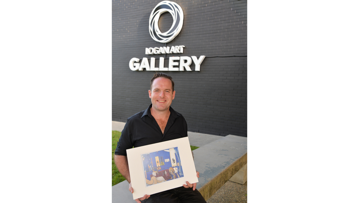 Mayor Jon Raven with Brett Whiteley's Archibald Prize winning work - Self portrait in the studio, 1976.