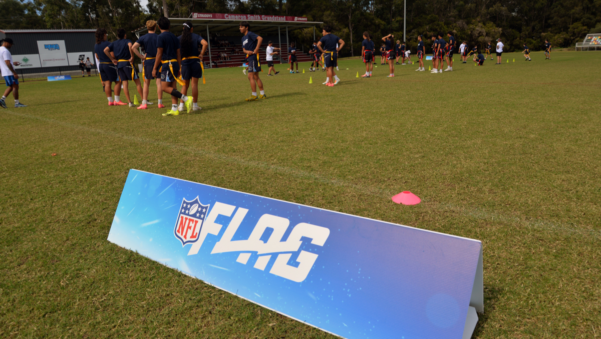 An image of a NFL Flag sign and players as NFL Flag football came to Marsden today ahead of a 12-team tournament next month.