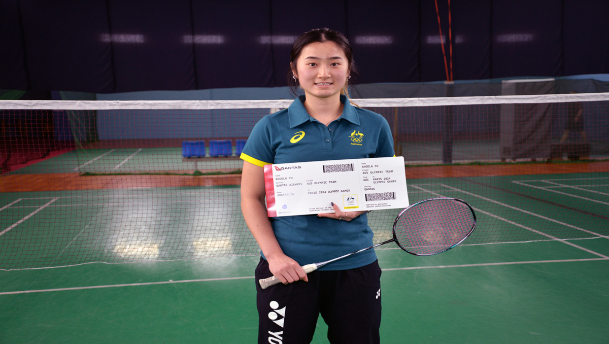 An image of Badminton doubles Paris Olympics representative and former John Paul College student Angela Yu with her Australian team boarding pass.