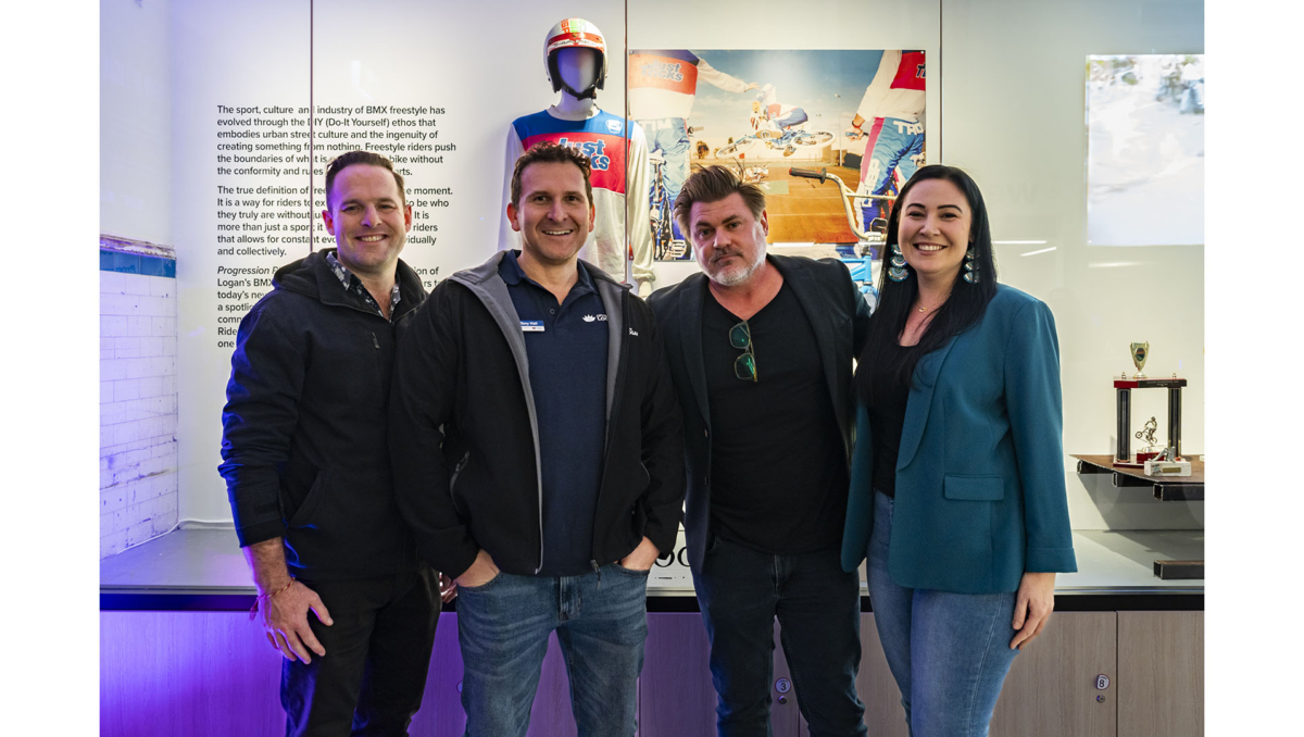 City of Logan Mayor Jon Raven (left), Cr Tony Hall (second from left) and Cr Mindy Russell celebrate the opening of Progression Playground with Ross D Lavender.