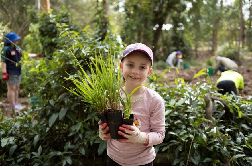 Child holding a plant in front of them