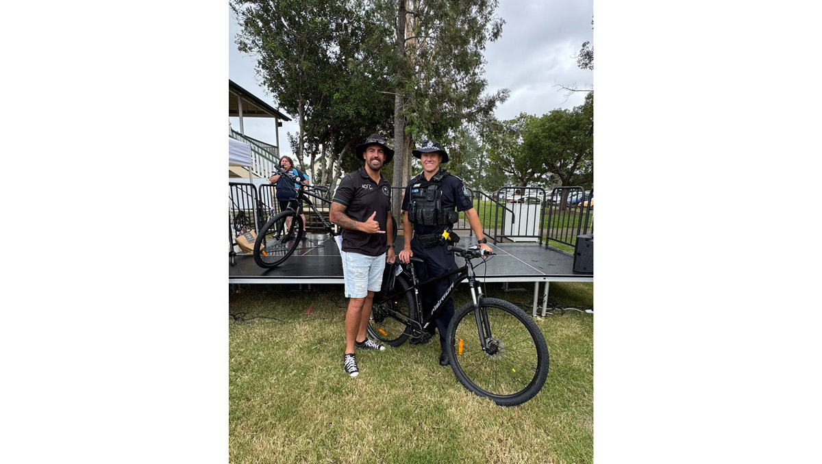 An image of Cr Nathan St Ledger (left) delivering new mountain bikes to Acting Senior Sergeant Scott Behnke for use in local off-road patrols.