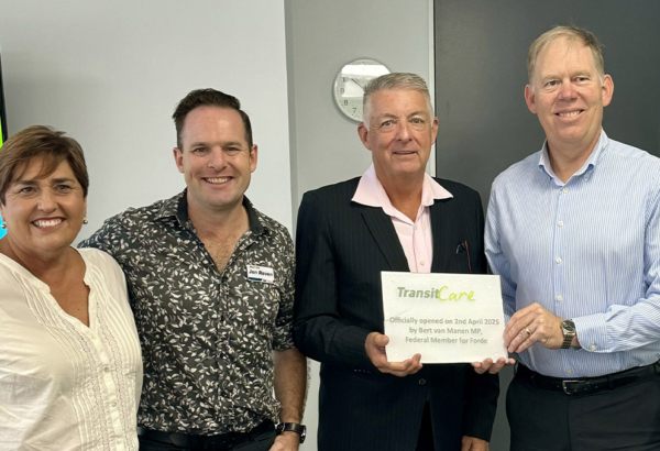 An image of (from left) Cr Karen Murphy, Mayor Jon Raven, TransitCare’s Terry O’Toole and Bert Van Manen.