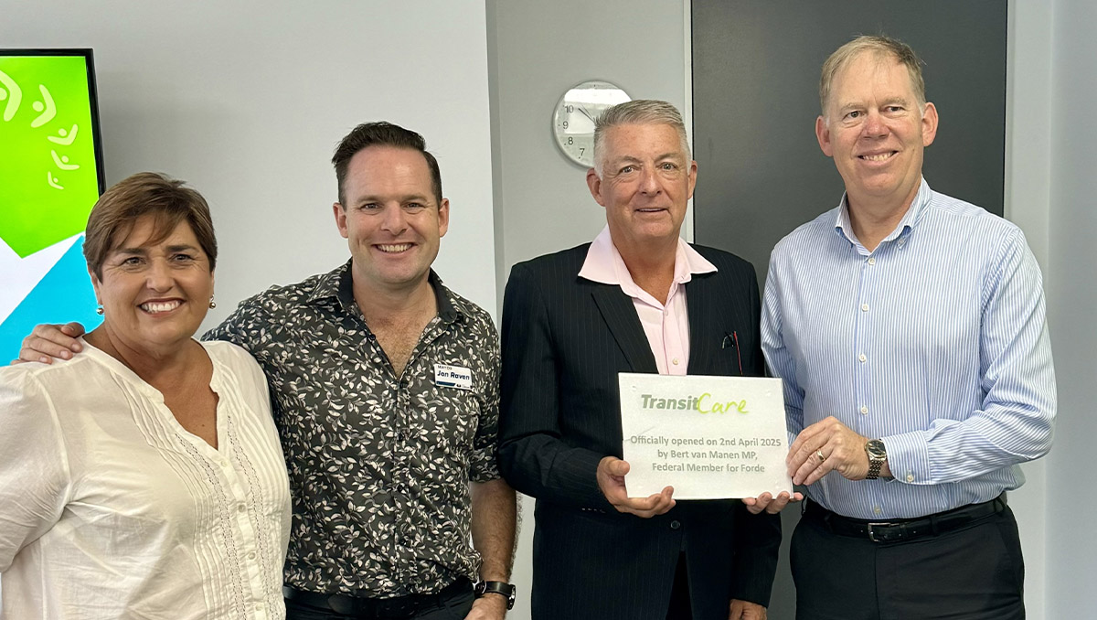 An image of (from left) Cr Karen Murphy, Mayor Jon Raven, TransitCare’s Terry O’Toole and Bert Van Manen.