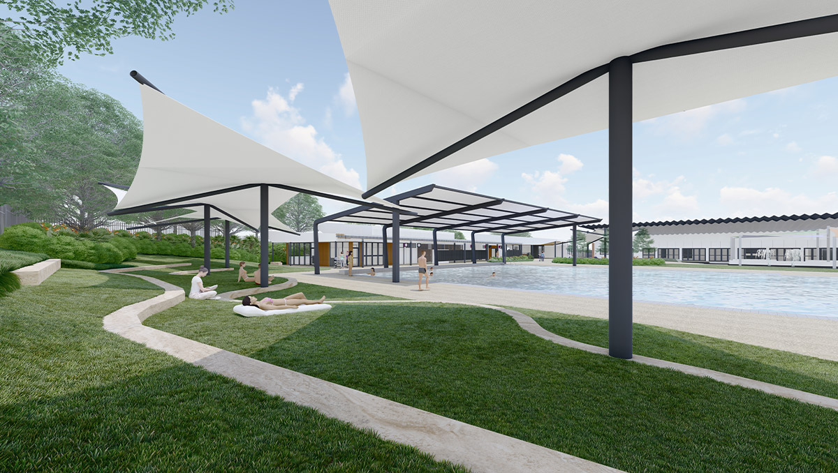How the new facility's pool deck will look. An image of how the new facility's pool deck will look.