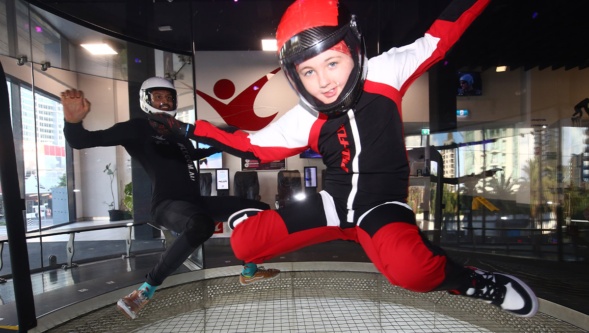 An image of Daisy Hill youngster Heath Lehr in action inside the indoor skydiving wind tunnel.