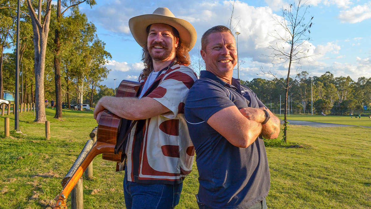 An image of Cr Scott Bannan (right) and Jimboomba’s Australian Idol contestant, Jake Whittaker, who are ready for this year’s Flame festival.